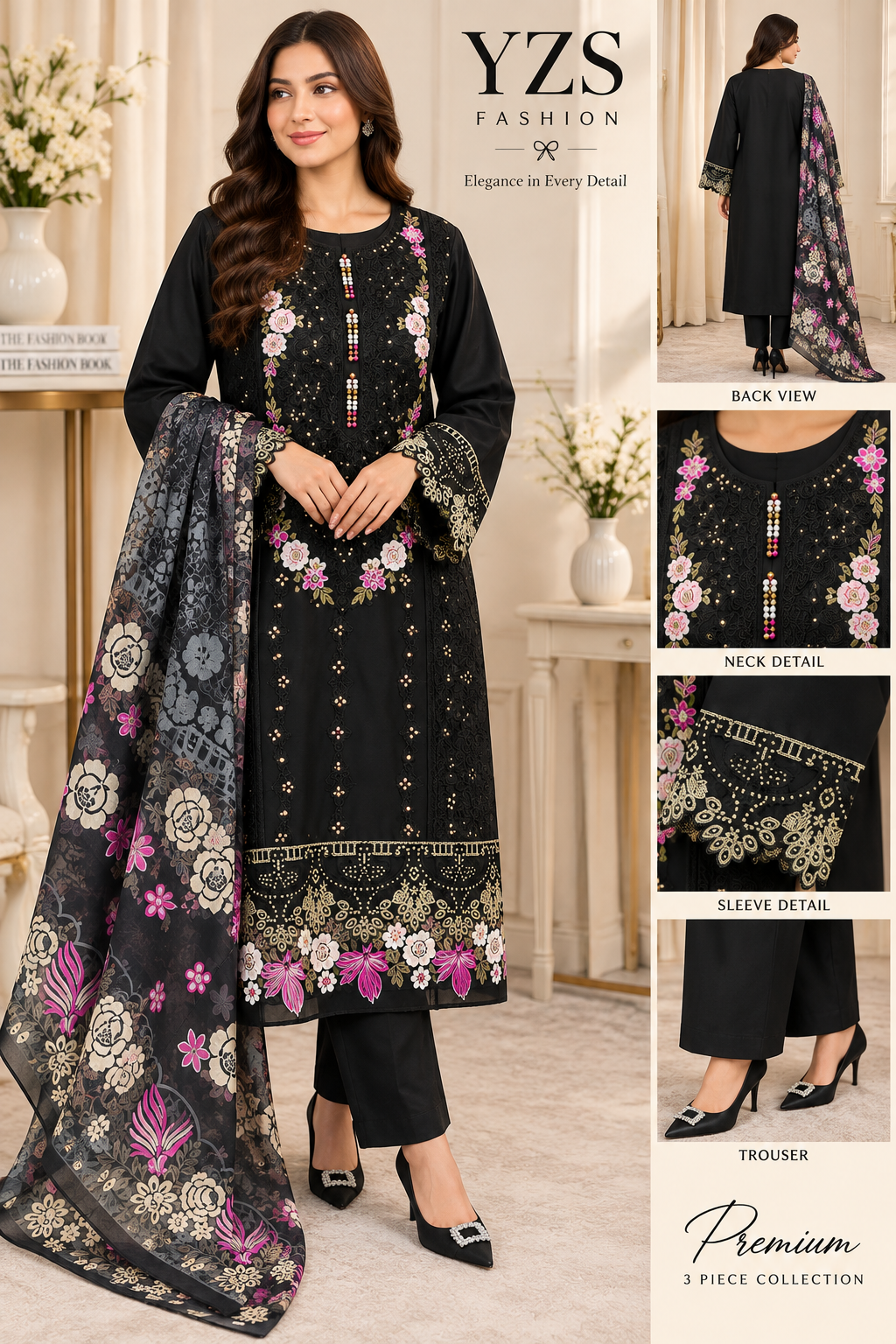 3 Piece Floral Embroidered Winter Cotton Suit with Printed Dupatta