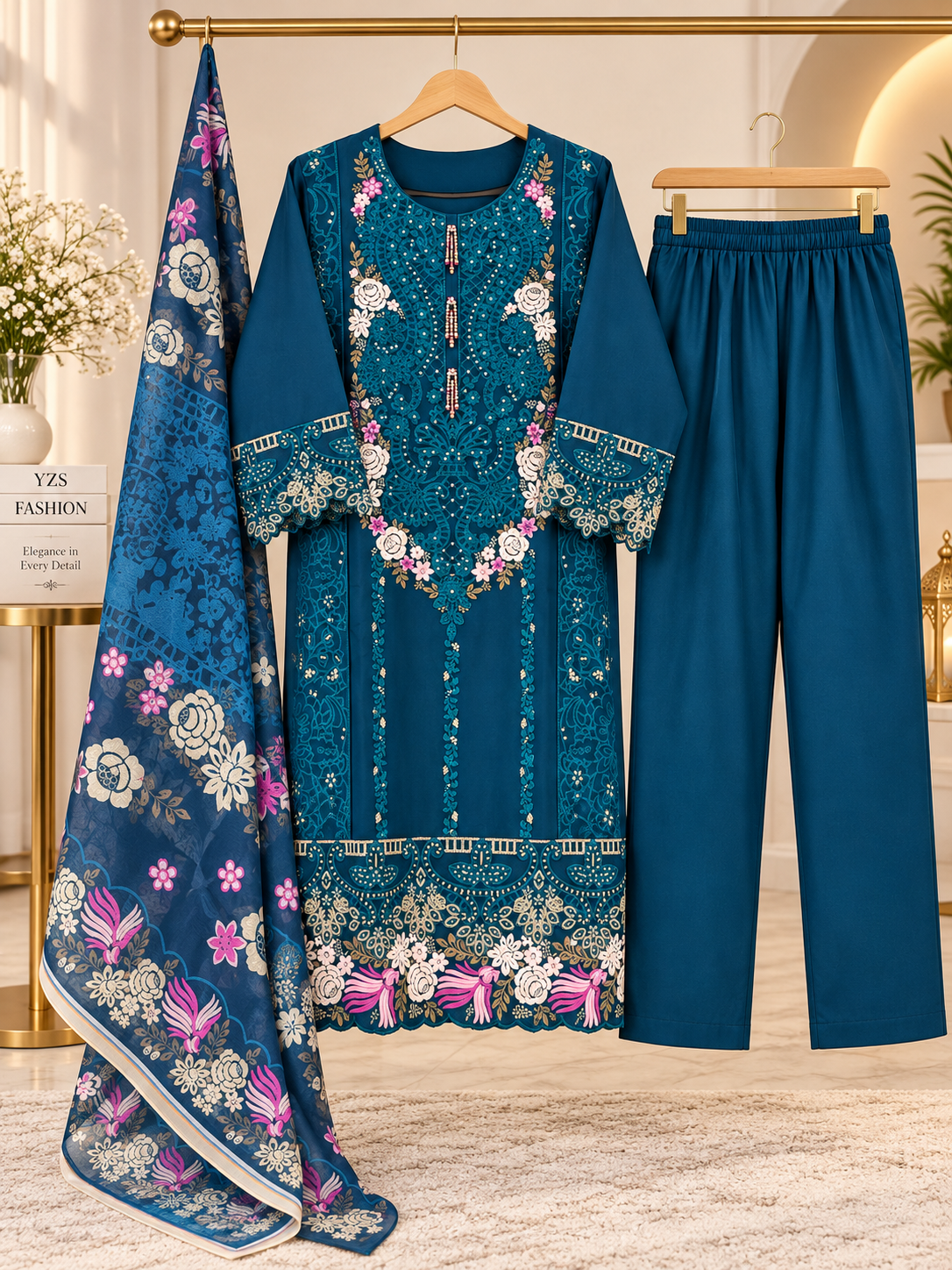 3 Piece Floral Embroidered Winter Cotton Suit with Printed Dupatta