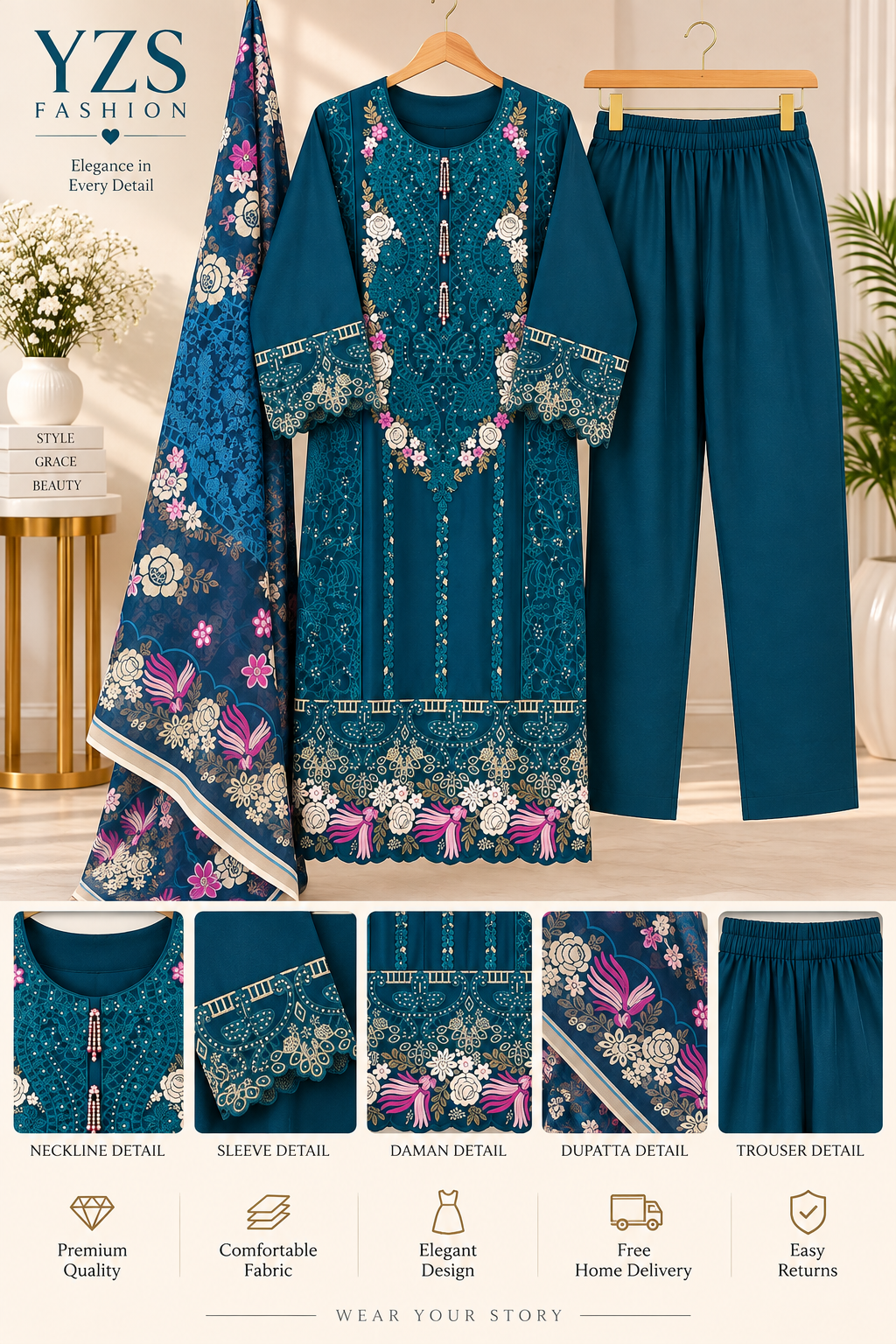 3 Piece Floral Embroidered Winter Cotton Suit with Printed Dupatta