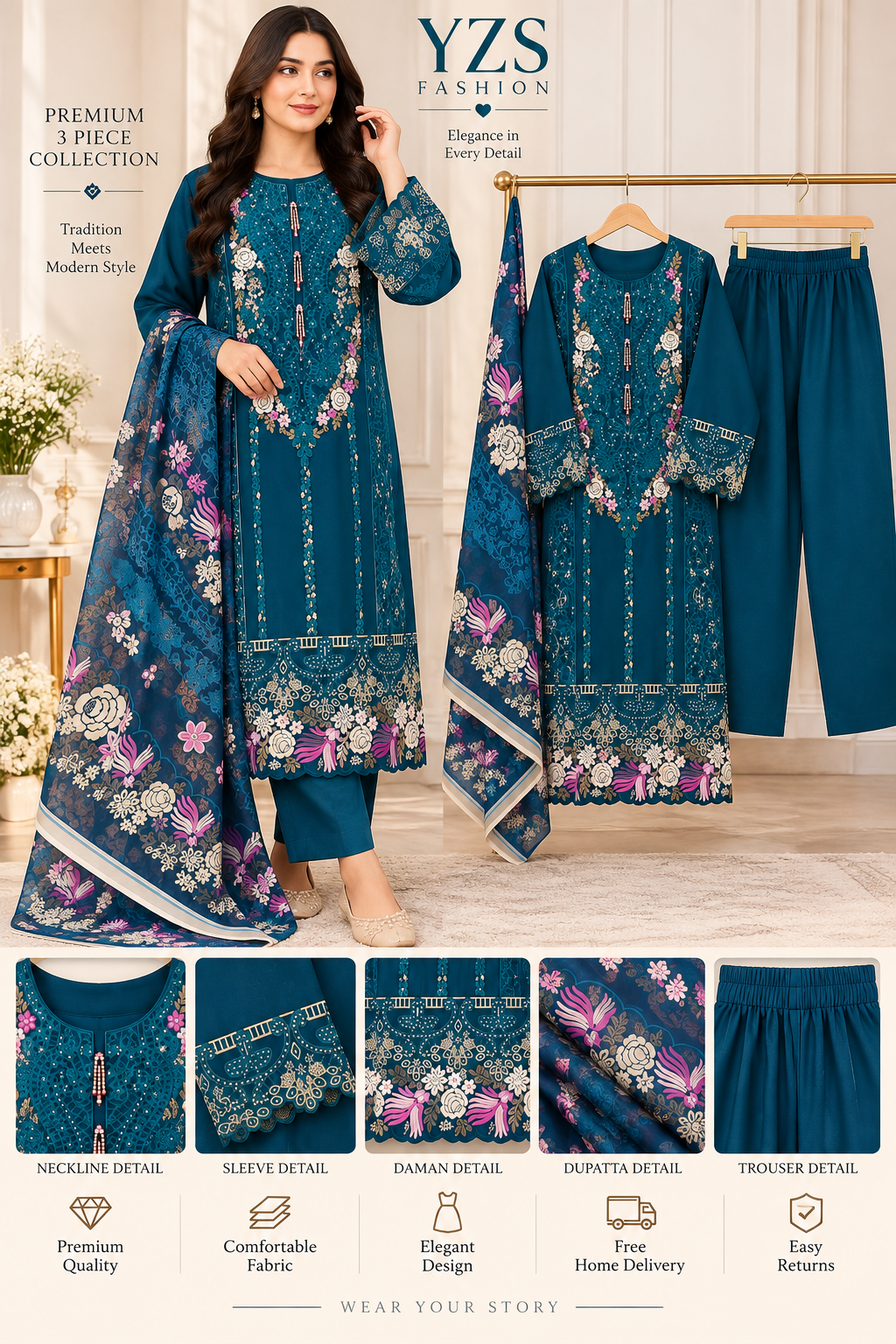 3 Piece Floral Embroidered Winter Cotton Suit with Printed Dupatta