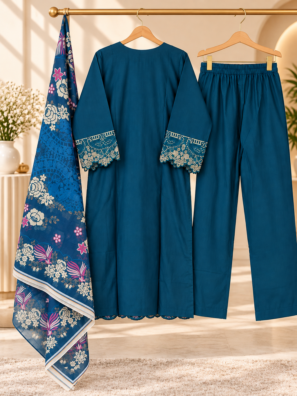 3 Piece Floral Embroidered Winter Cotton Suit with Printed Dupatta