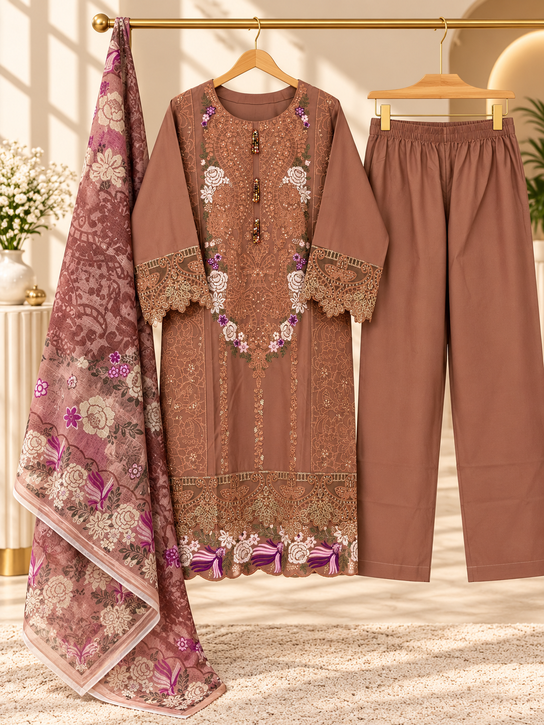 3 Piece Floral Embroidered Winter Cotton Suit with Printed Dupatta