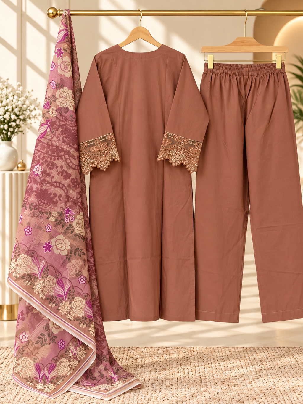 3 Piece Floral Embroidered Winter Cotton Suit with Printed Dupatta