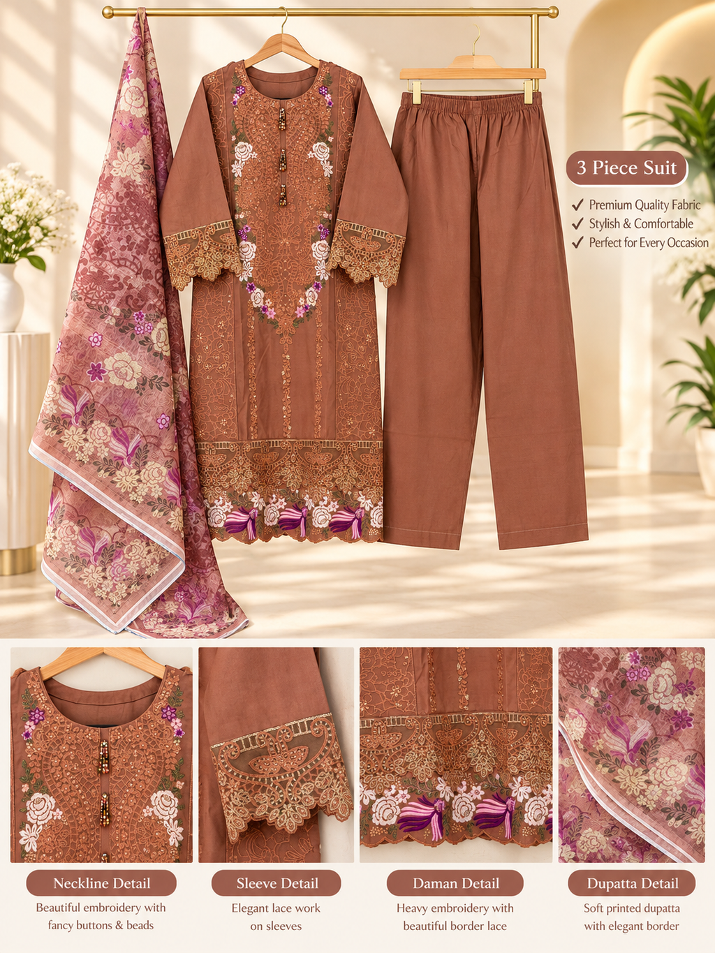 3 Piece Floral Embroidered Winter Cotton Suit with Printed Dupatta