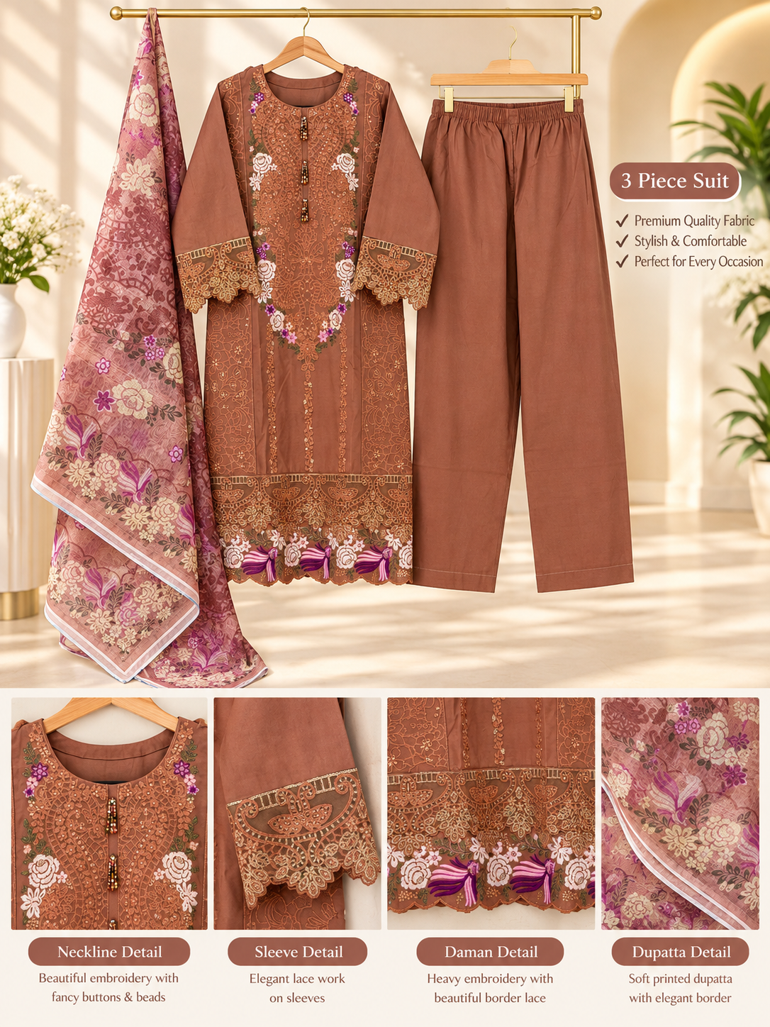 3 Piece Floral Embroidered Winter Cotton Suit with Printed Dupatta
