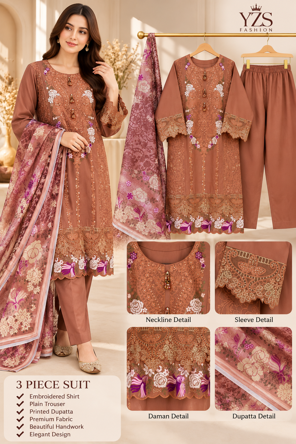 3 Piece Floral Embroidered Winter Cotton Suit with Printed Dupatta