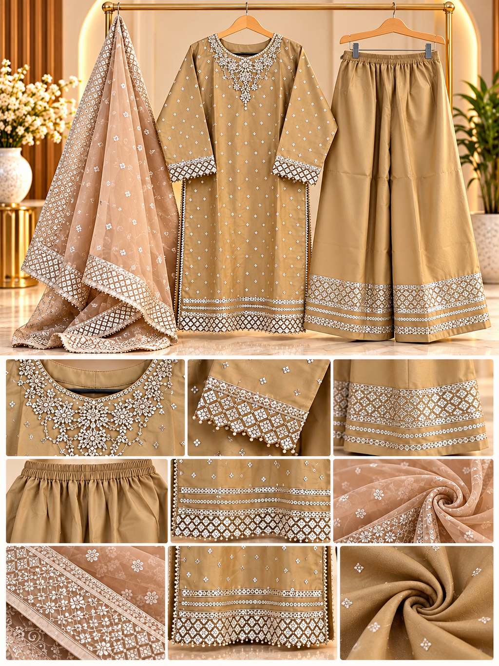 Golden Beige Embroidered 3 Piece Suit for Women | Sharara & Net Dupatta | Standard Size