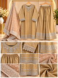 Golden Beige Embroidered 3 Piece Suit for Women | Sharara & Net Dupatta | Standard Size