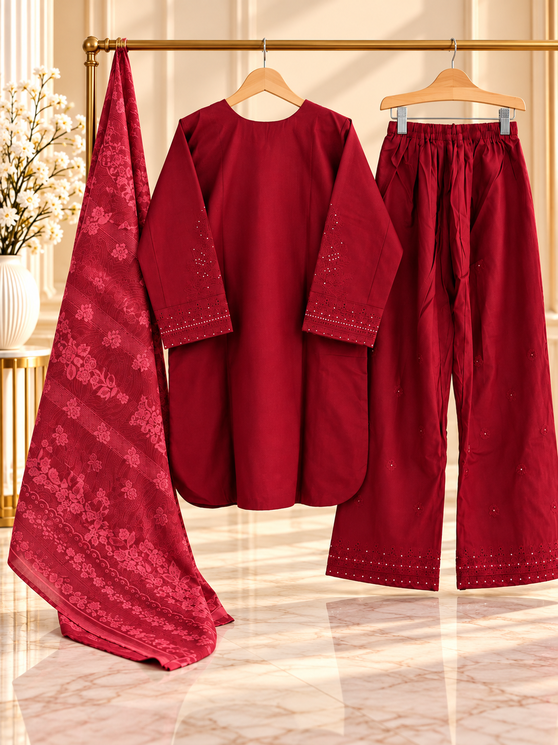 Embroidered 3 Piece Suit for Women | Printed Dupatta & Wide Leg Trouser | Red, Plum, Coral Pink | Standard Size