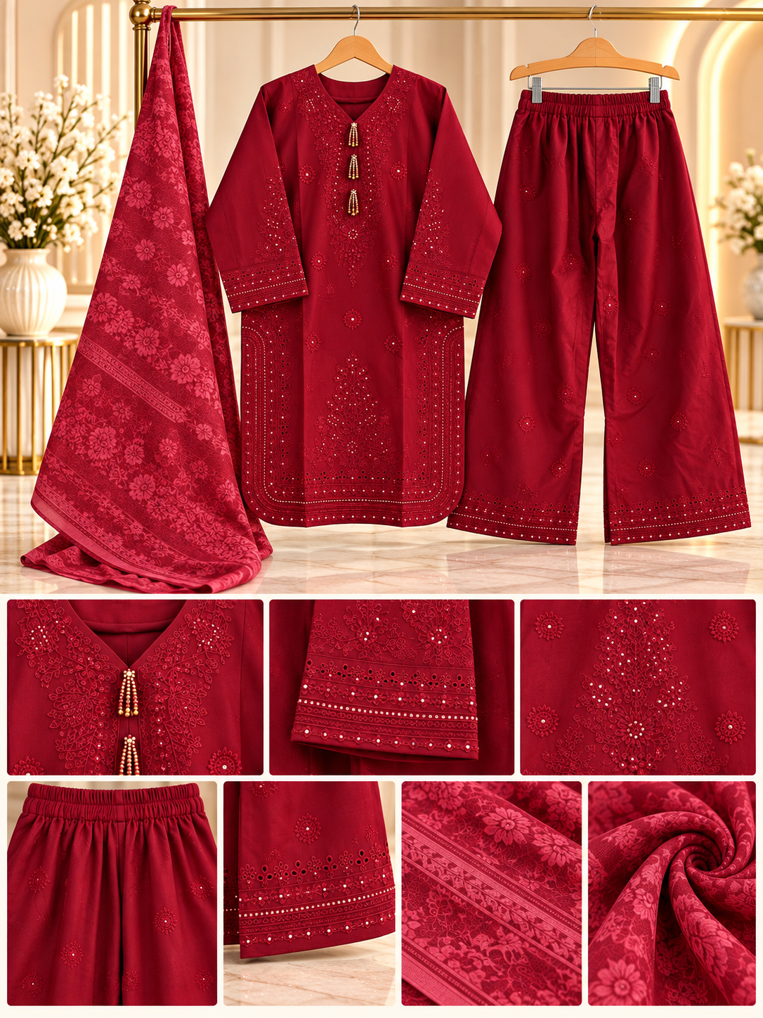 Embroidered 3 Piece Suit for Women | Printed Dupatta & Wide Leg Trouser | Red, Plum, Coral Pink | Standard Size