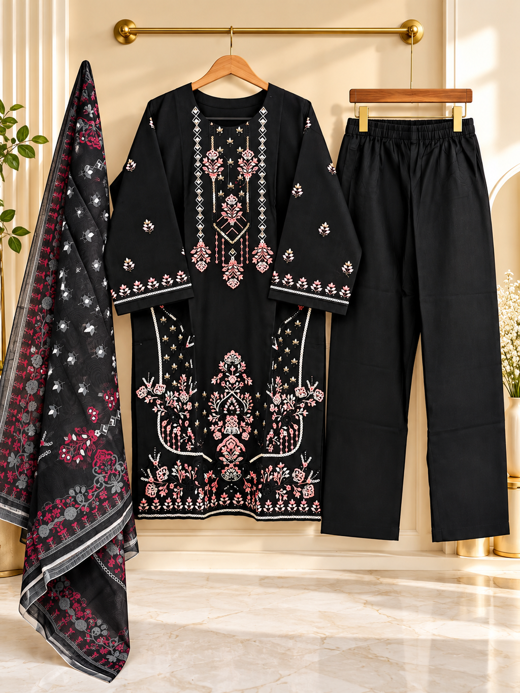 Black Embroidered 3 Piece Suit for Women | Printed Dupatta & Trouser | Standard Size