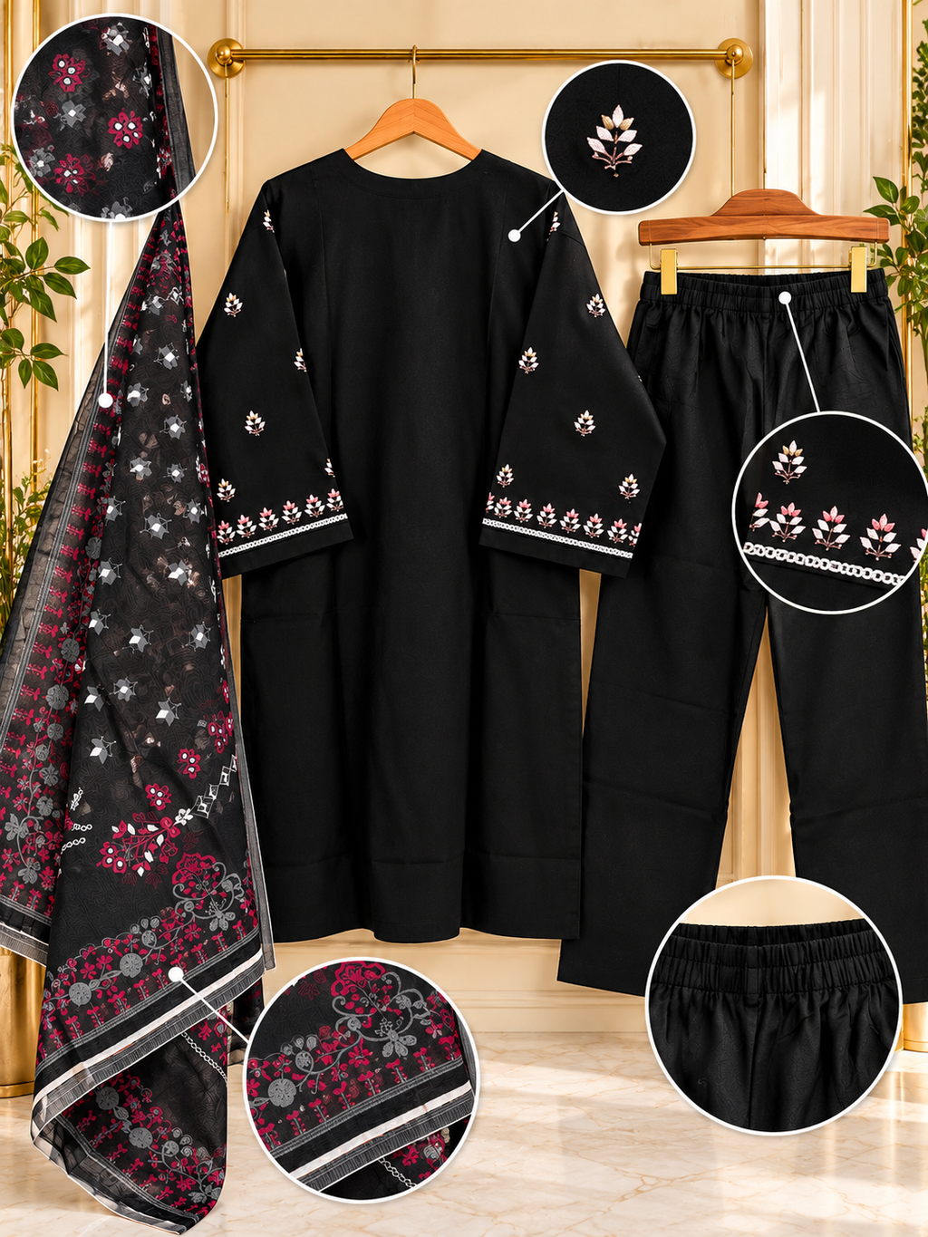 Black Embroidered 3 Piece Suit for Women | Printed Dupatta & Trouser | Standard Size