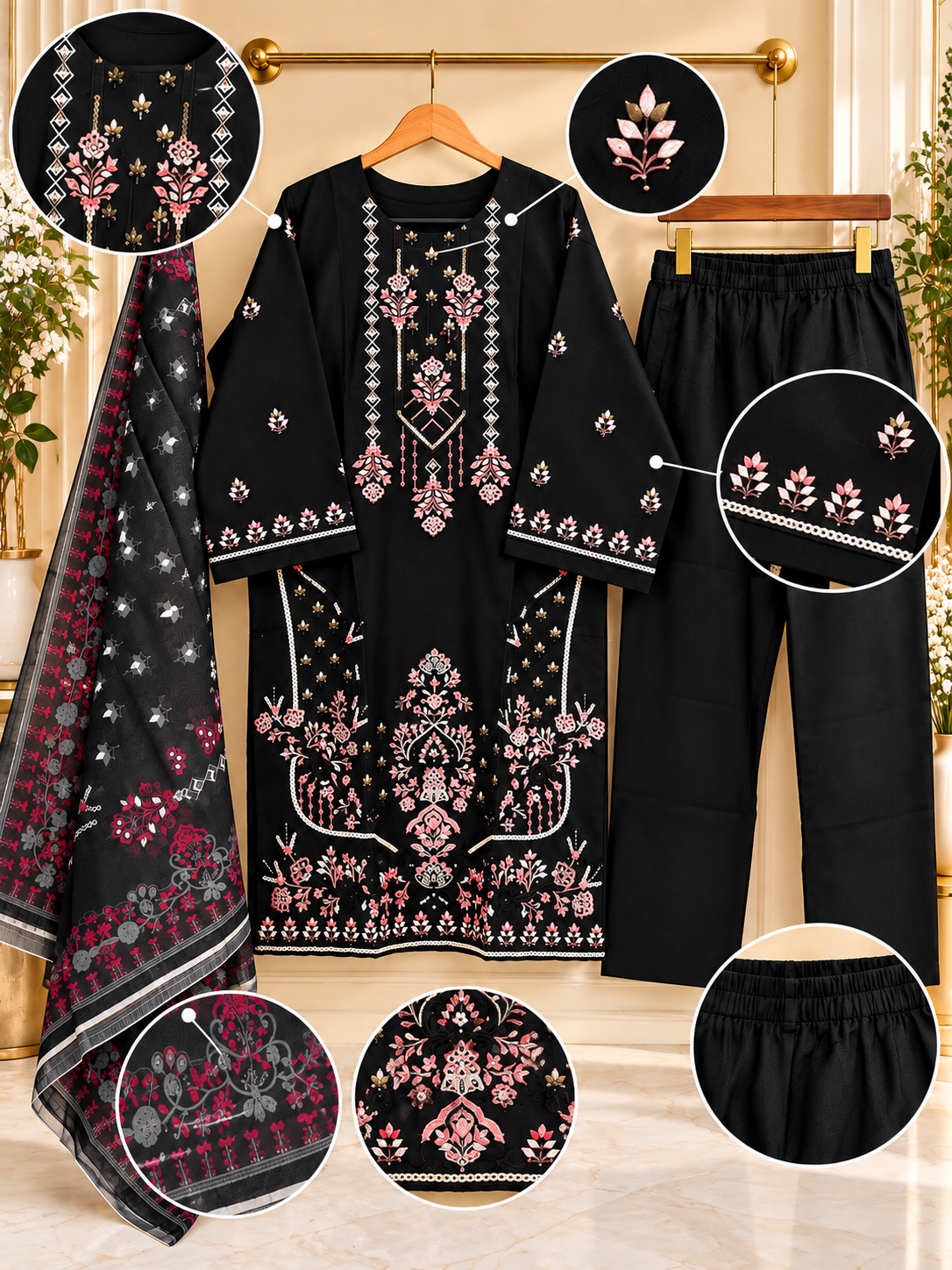 Black Embroidered 3 Piece Suit for Women | Printed Dupatta & Trouser | Standard Size