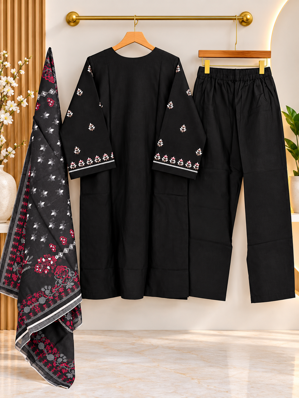 Black Embroidered 3 Piece Suit for Women | Printed Dupatta & Trouser | Standard Size