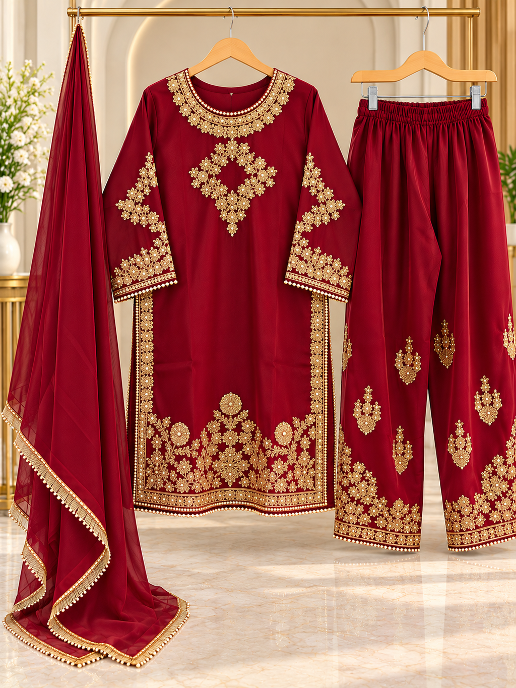 Maroon Embroidered 3 Piece Suit for Women | Golden Work Dupatta & Trouser | Standard Size