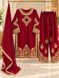 Maroon Embroidered 3 Piece Suit for Women | Golden Work Dupatta & Trouser | Standard Size