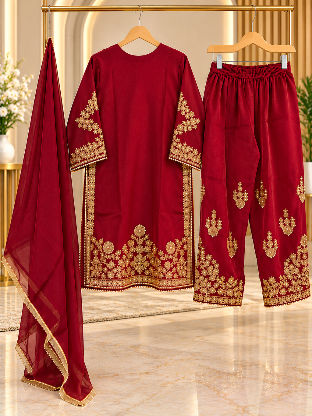 Maroon Embroidered 3 Piece Suit for Women | Golden Work Dupatta & Trouser | Standard Size