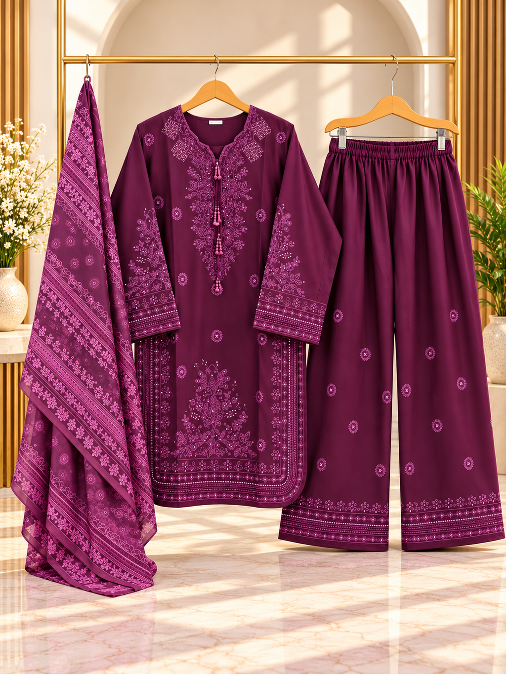 Embroidered 3 Piece Suit for Women | Printed Dupatta & Wide Leg Trouser | Red, Plum, Coral Pink | Standard Size