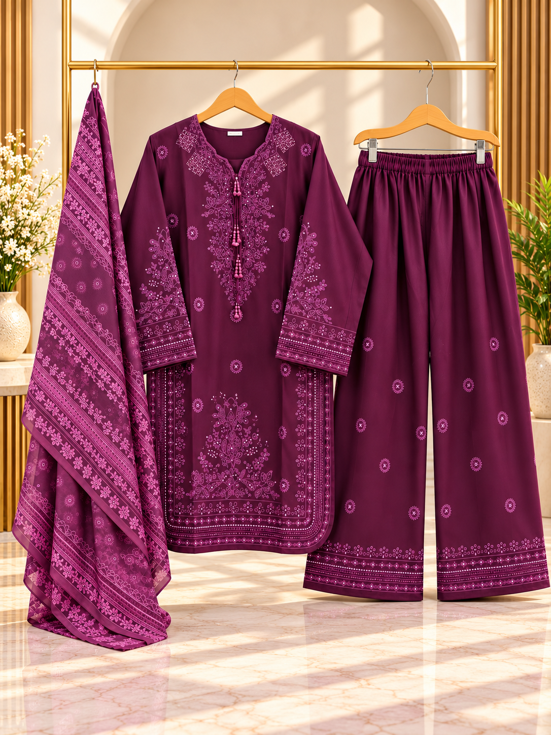 Embroidered 3 Piece Suit for Women | Printed Dupatta & Wide Leg Trouser | Red, Plum, Coral Pink | Standard Size