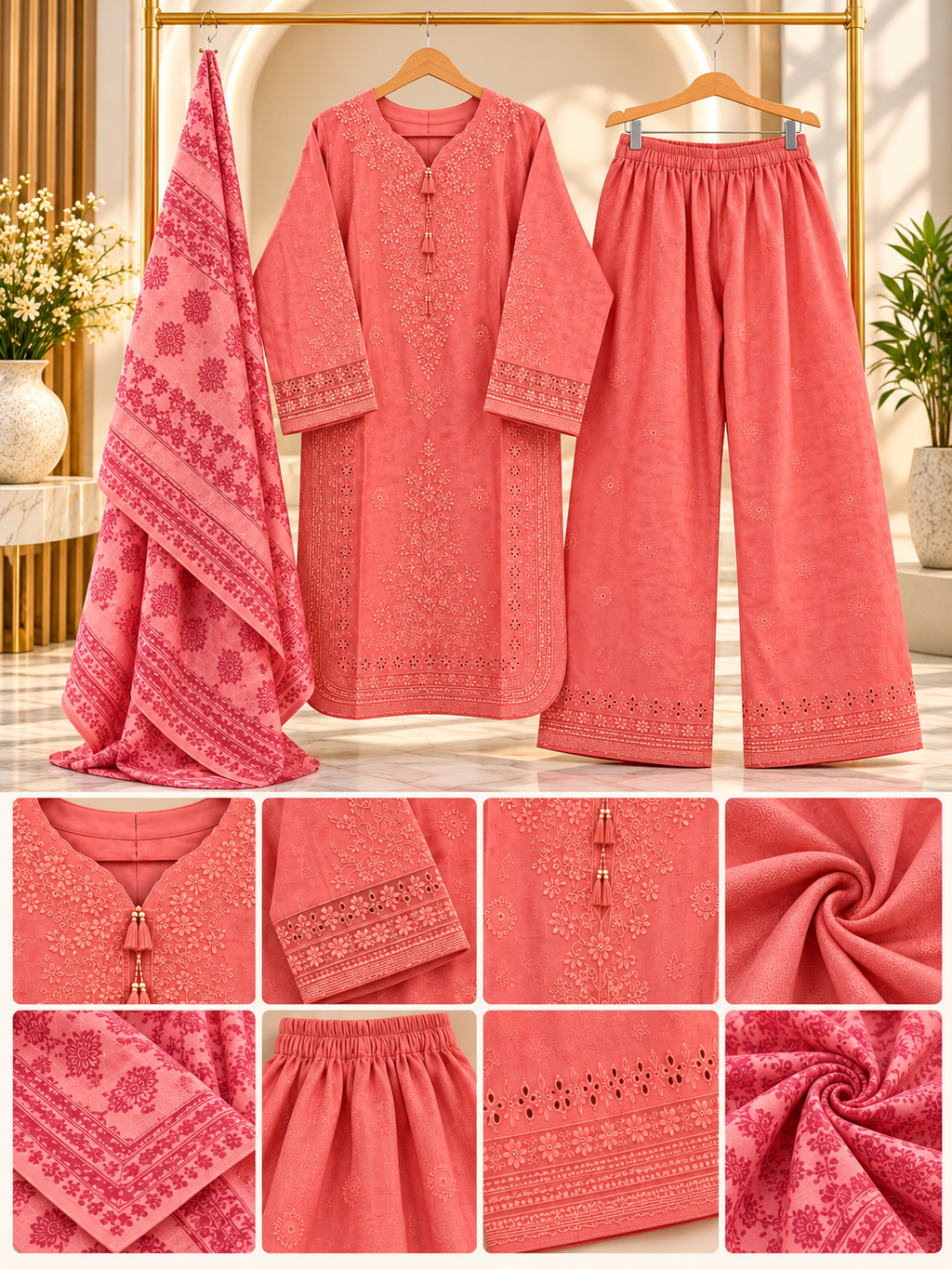 Embroidered 3 Piece Suit for Women | Printed Dupatta & Wide Leg Trouser | Red, Plum, Coral Pink | Standard Size