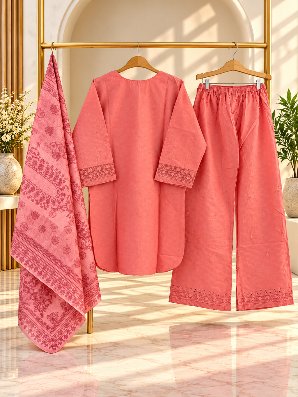 Embroidered 3 Piece Suit for Women | Printed Dupatta & Wide Leg Trouser | Red, Plum, Coral Pink | Standard Size