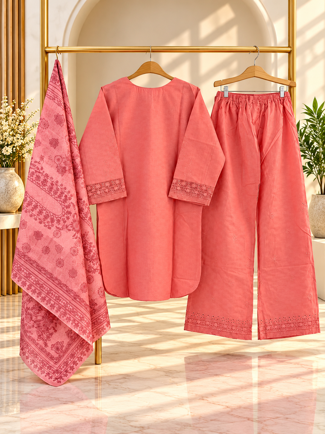 Embroidered 3 Piece Suit for Women | Printed Dupatta & Wide Leg Trouser | Red, Plum, Coral Pink | Standard Size