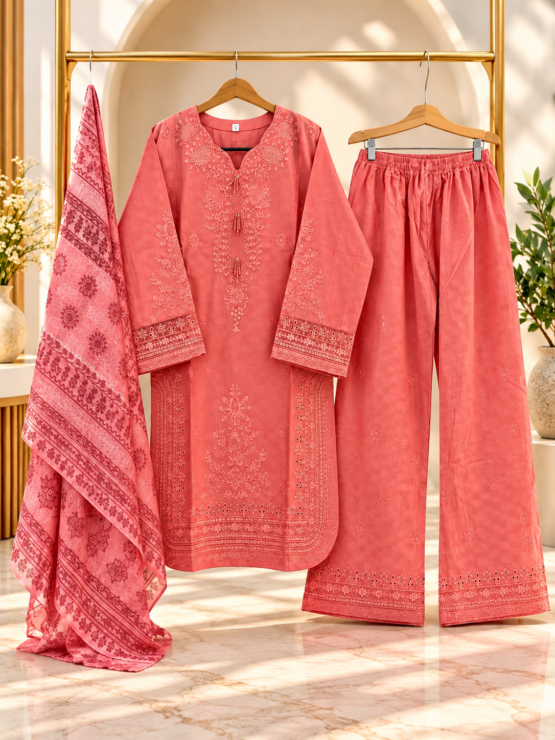 Embroidered 3 Piece Suit for Women | Printed Dupatta & Wide Leg Trouser | Red, Plum, Coral Pink | Standard Size
