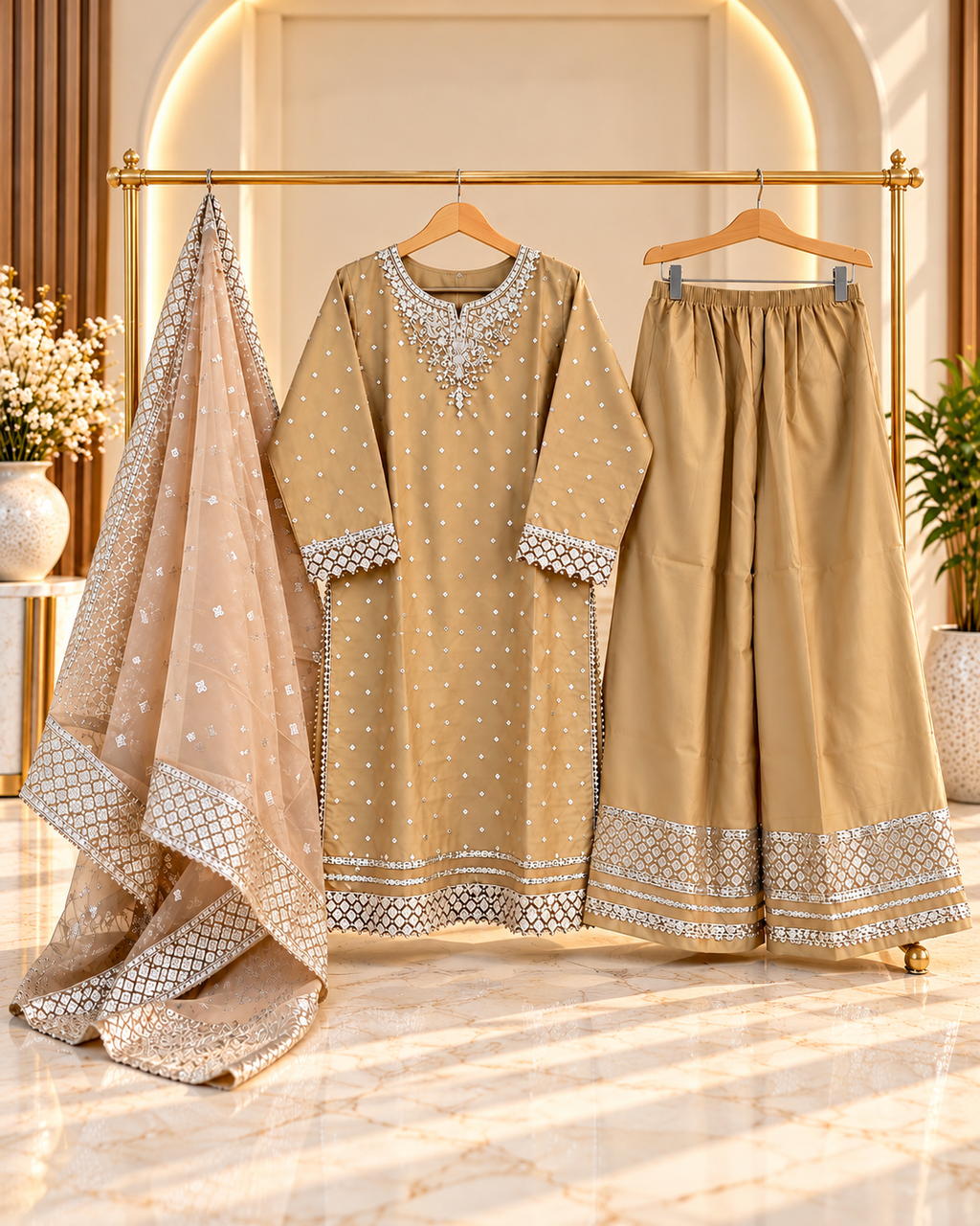 Golden Beige Embroidered 3 Piece Suit for Women | Sharara & Net Dupatta | Standard Size