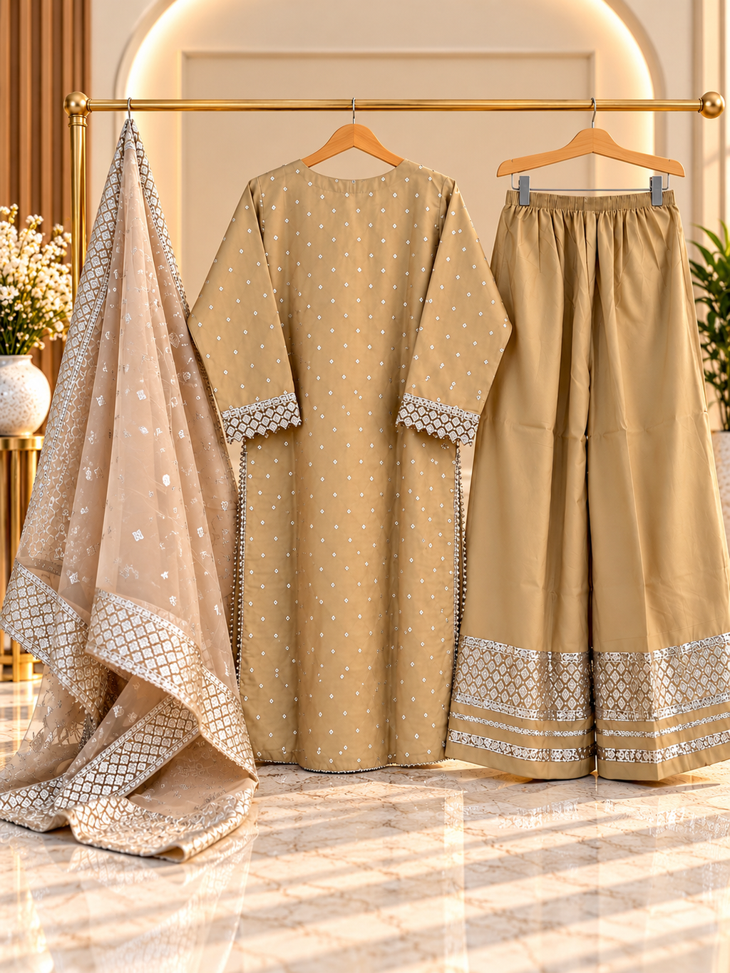 Golden Beige Embroidered 3 Piece Suit for Women | Sharara & Net Dupatta | Standard Size