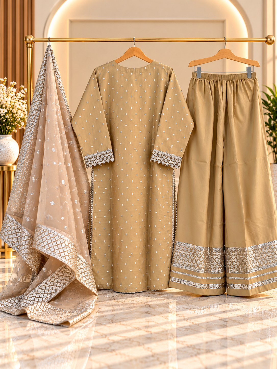 Golden Beige Embroidered 3 Piece Suit for Women | Sharara & Net Dupatta | Standard Size