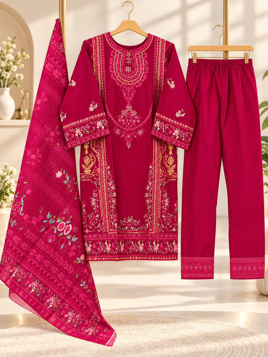 Magenta Embroidered 3 Piece Suit for Women – Printed Dupatta & Trouser