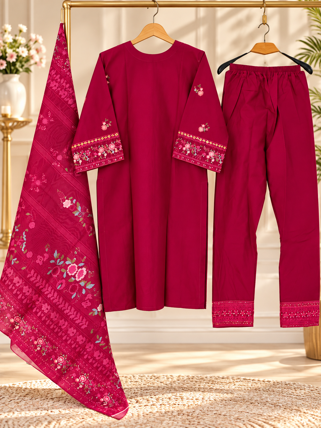 Magenta Embroidered 3 Piece Suit for Women – Printed Dupatta & Trouser