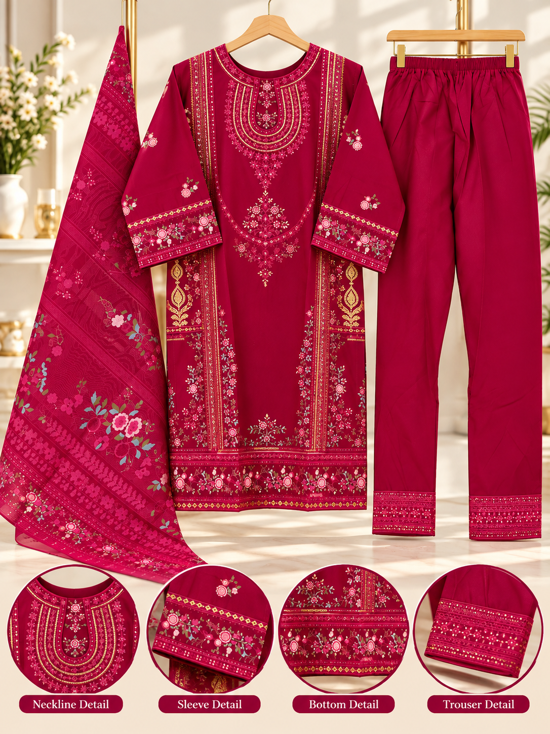 Magenta Embroidered 3 Piece Suit for Women – Printed Dupatta & Trouser