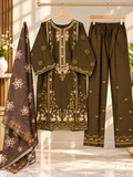 Olive Brown Embroidered 3 Piece Suit for Women – Printed Dupatta & Trouser