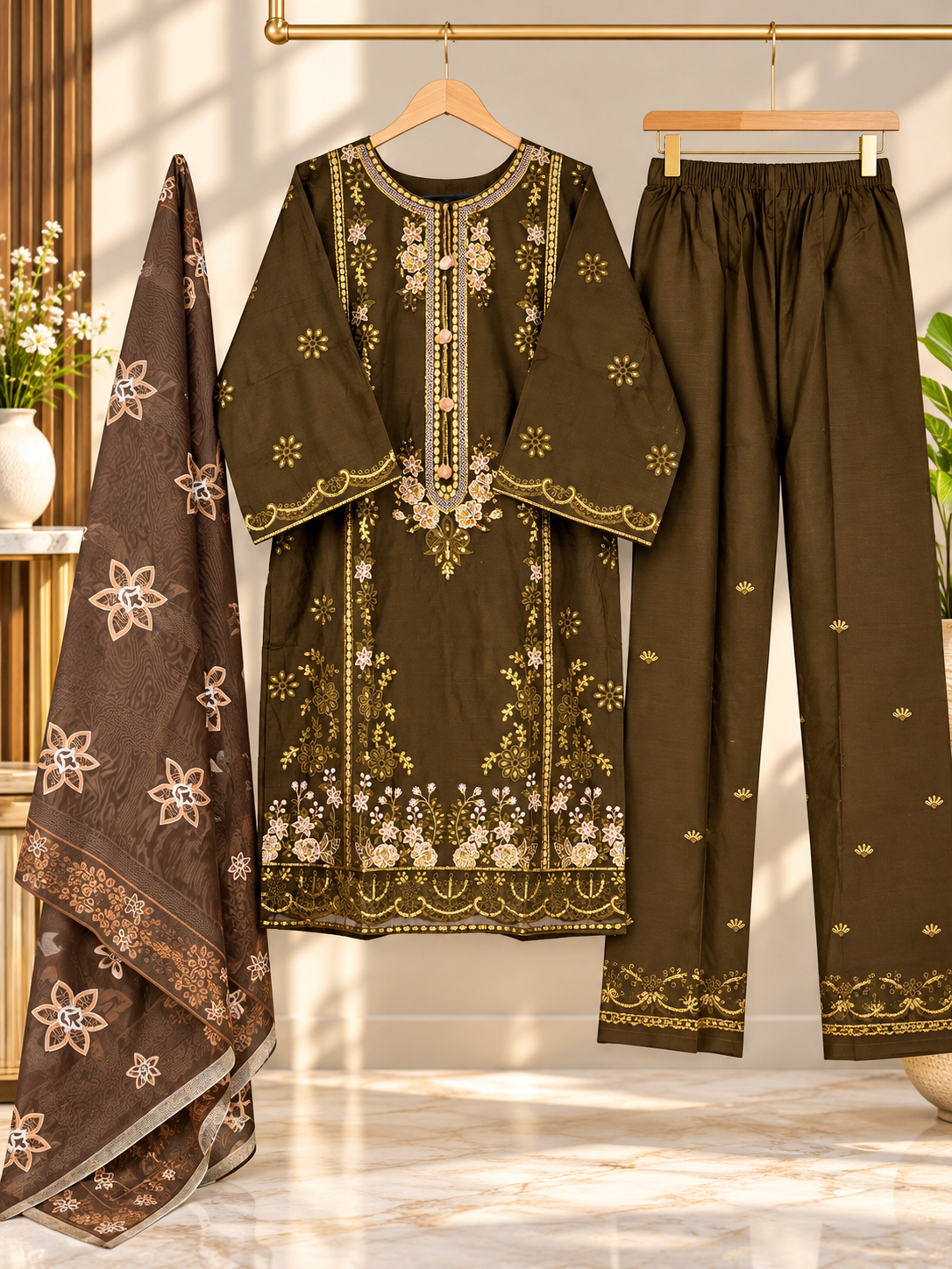 Olive Brown Embroidered 3 Piece Suit for Women – Printed Dupatta & Trouser