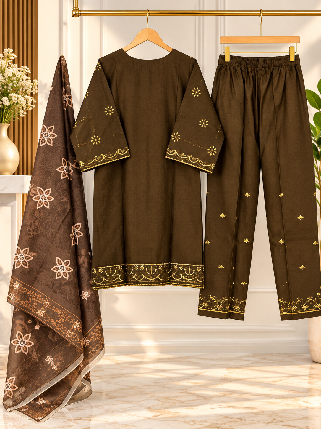 Olive Brown Embroidered 3 Piece Suit for Women – Printed Dupatta & Trouser