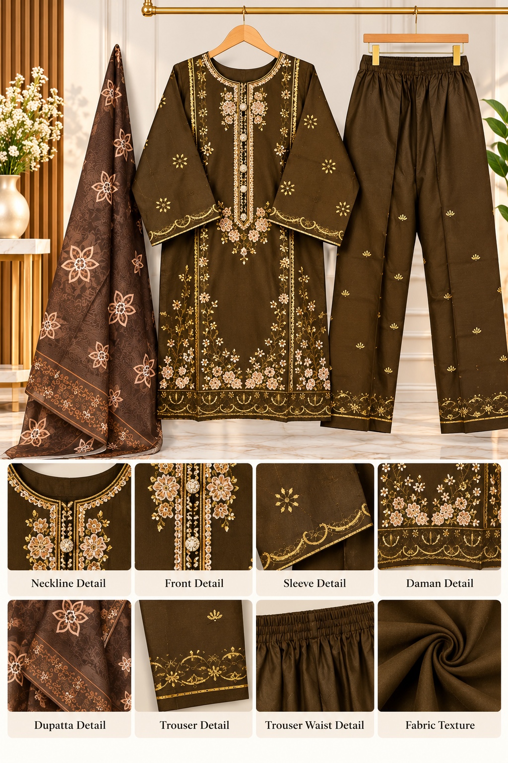 Olive Brown Embroidered 3 Piece Suit for Women – Printed Dupatta & Trouser