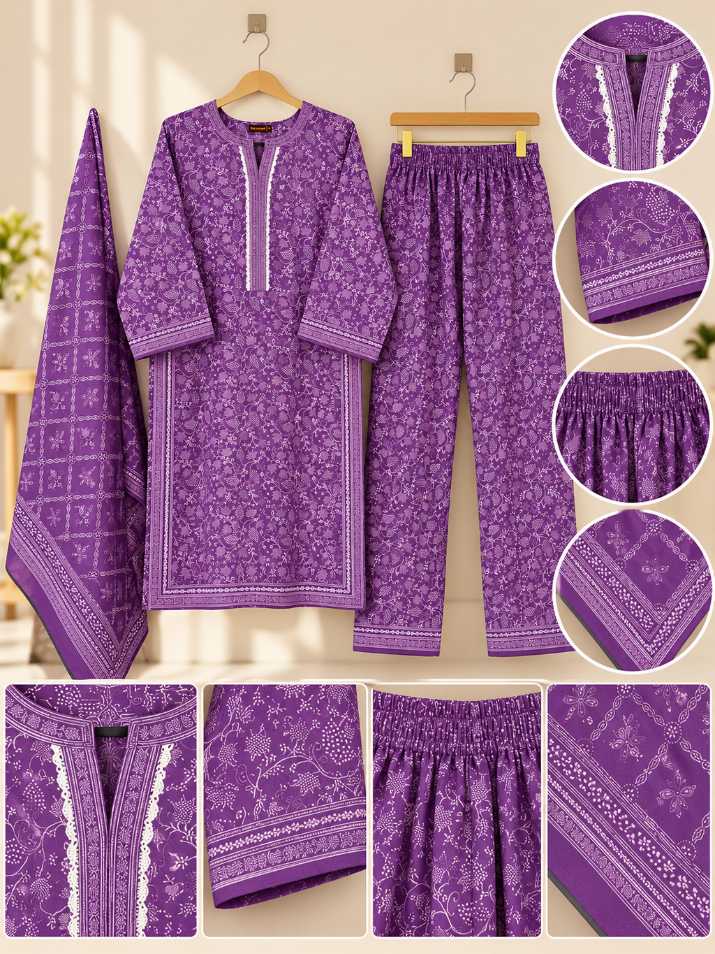 Women 3 Piece Suit in Purple Floral Print with Dupatta
