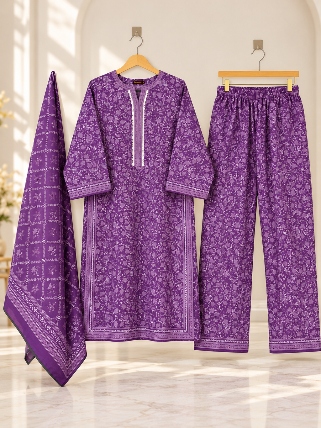 Women 3 Piece Suit in Purple Floral Print with Dupatta