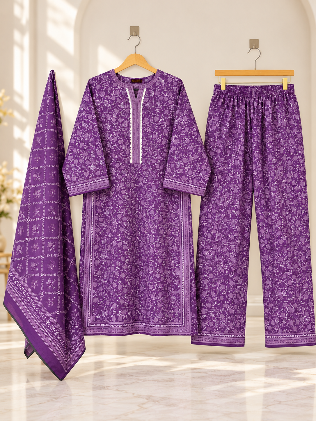 Women 3 Piece Suit in Purple Floral Print with Dupatta
