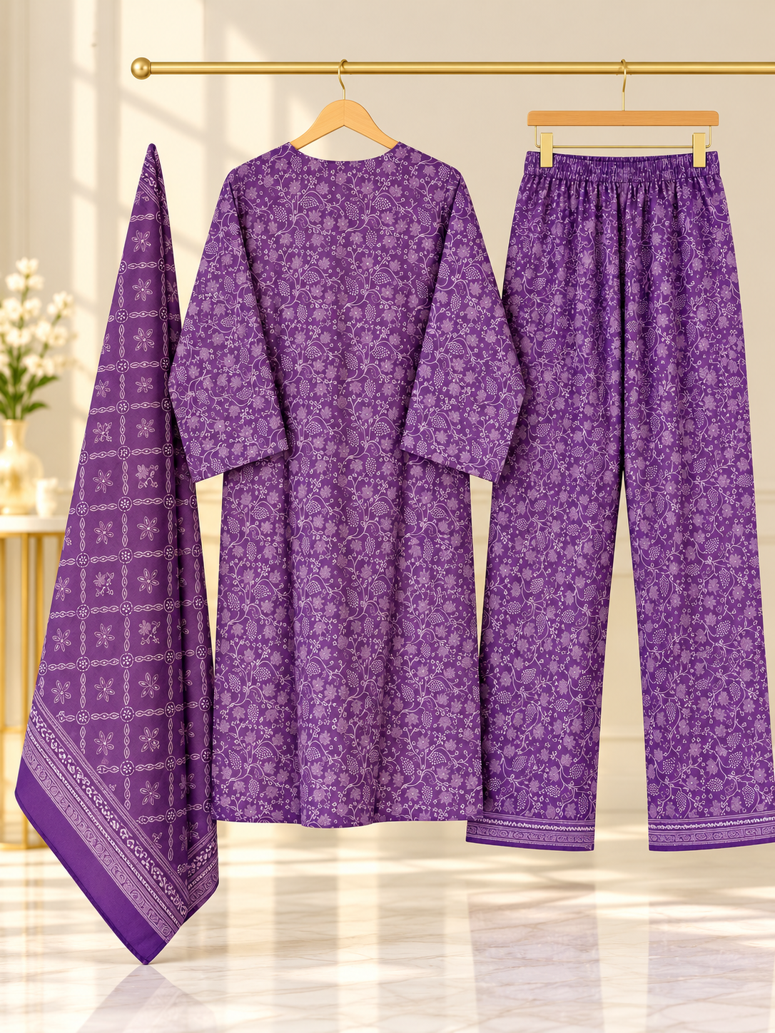 Women 3 Piece Suit in Purple Floral Print with Dupatta
