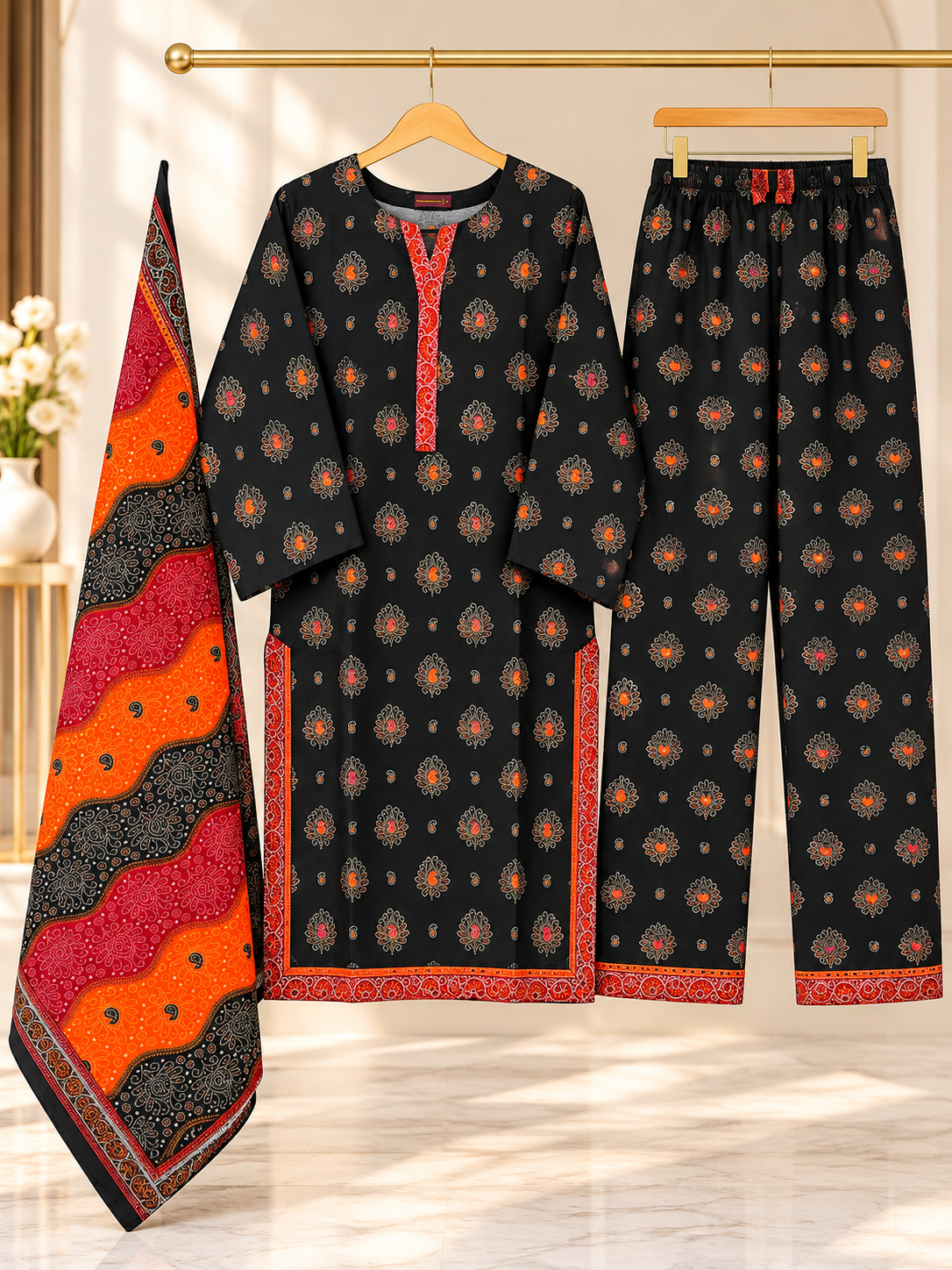 Women 3 Piece Suit in Black with Colorful Paisley Print