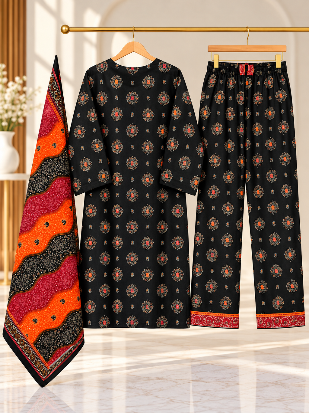 Women 3 Piece Suit in Black with Colorful Paisley Print