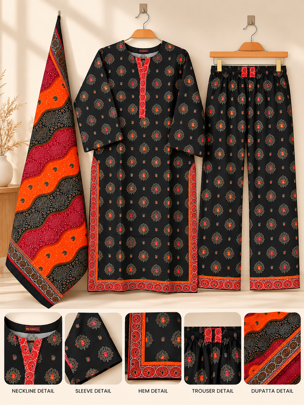 Women 3 Piece Suit in Black with Colorful Paisley Print