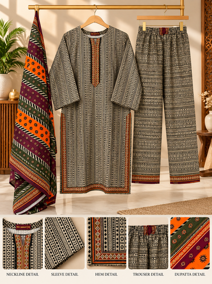 Women 3 Piece Suit in Cream Striped Print with Ajrak Border Dupatta