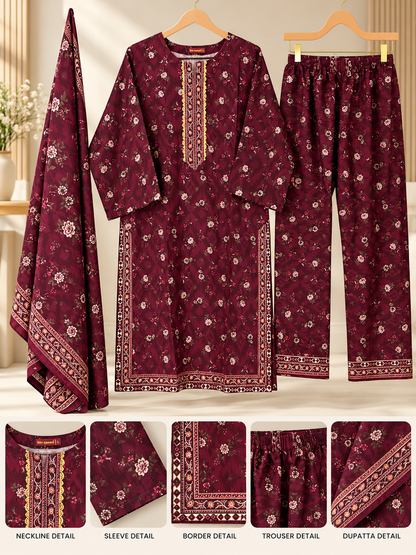Women 3 Piece Suit in Maroon Small Flower Print with Dupatta