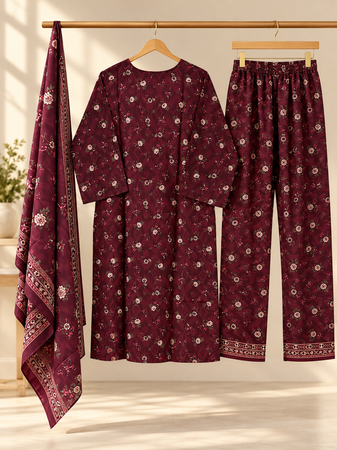 Women 3 Piece Suit in Maroon Small Flower Print with Dupatta