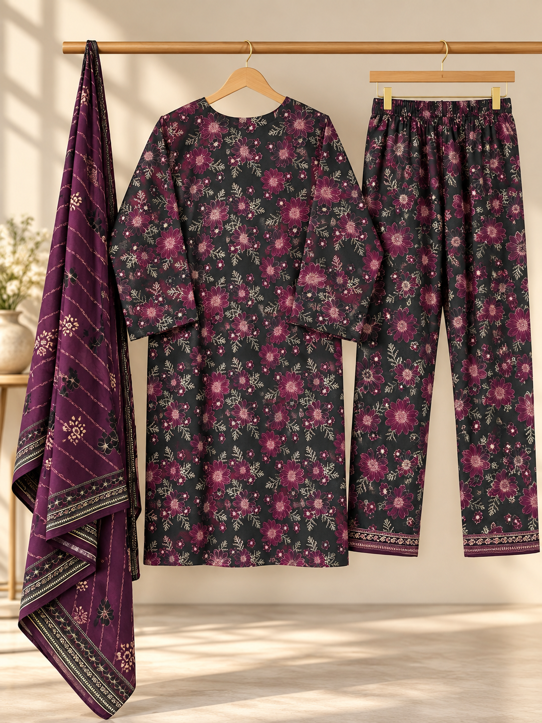 Women 3 Piece Suit in Charcoal Grey with Magenta Flower Print