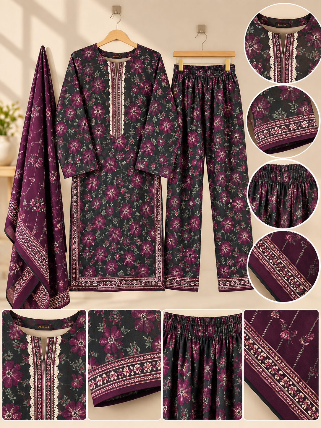 Women 3 Piece Suit in Charcoal Grey with Magenta Flower Print