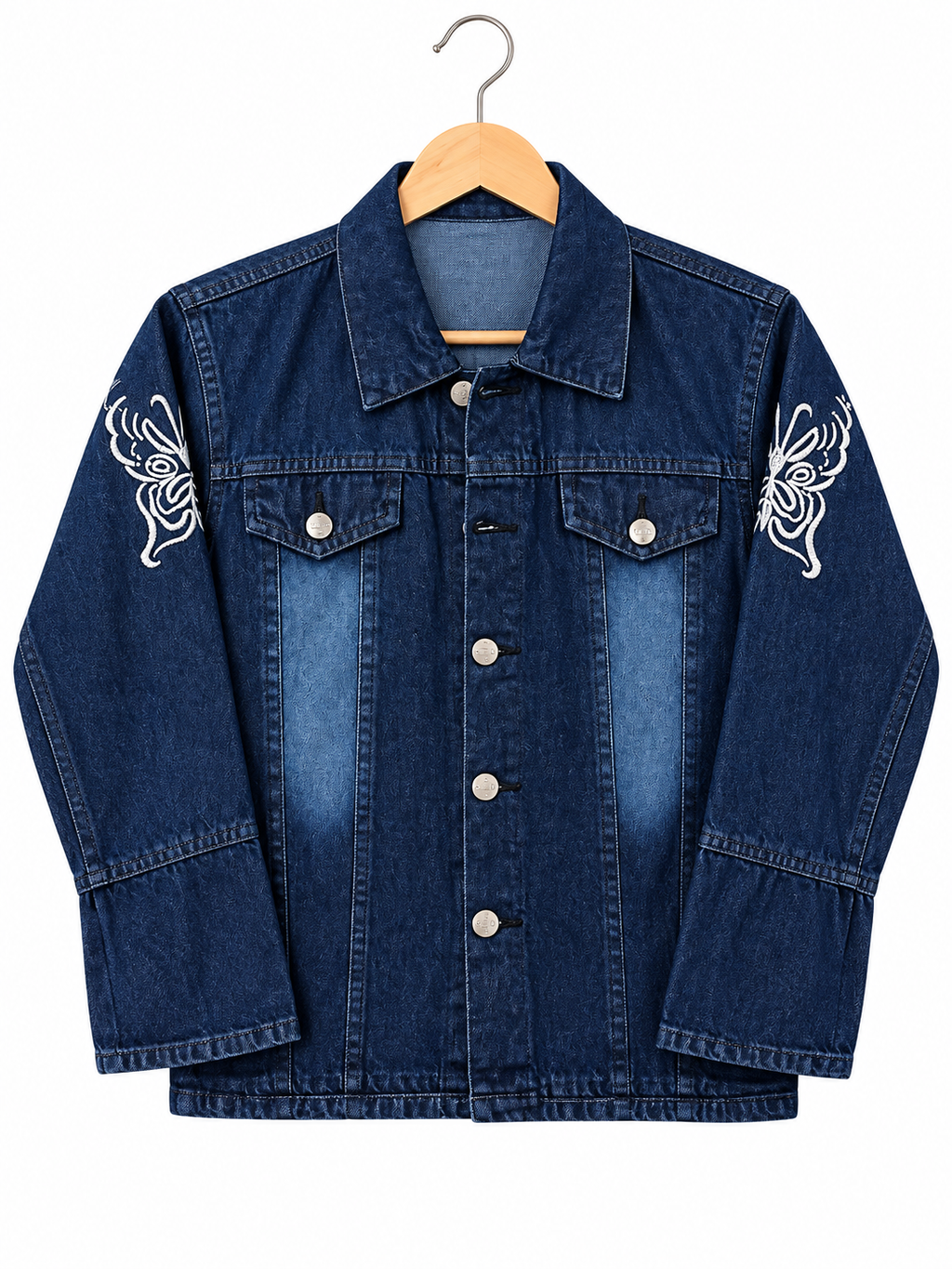 Girls White Butterfly Embroidered Denim Jacket – Sleeve and Back Design